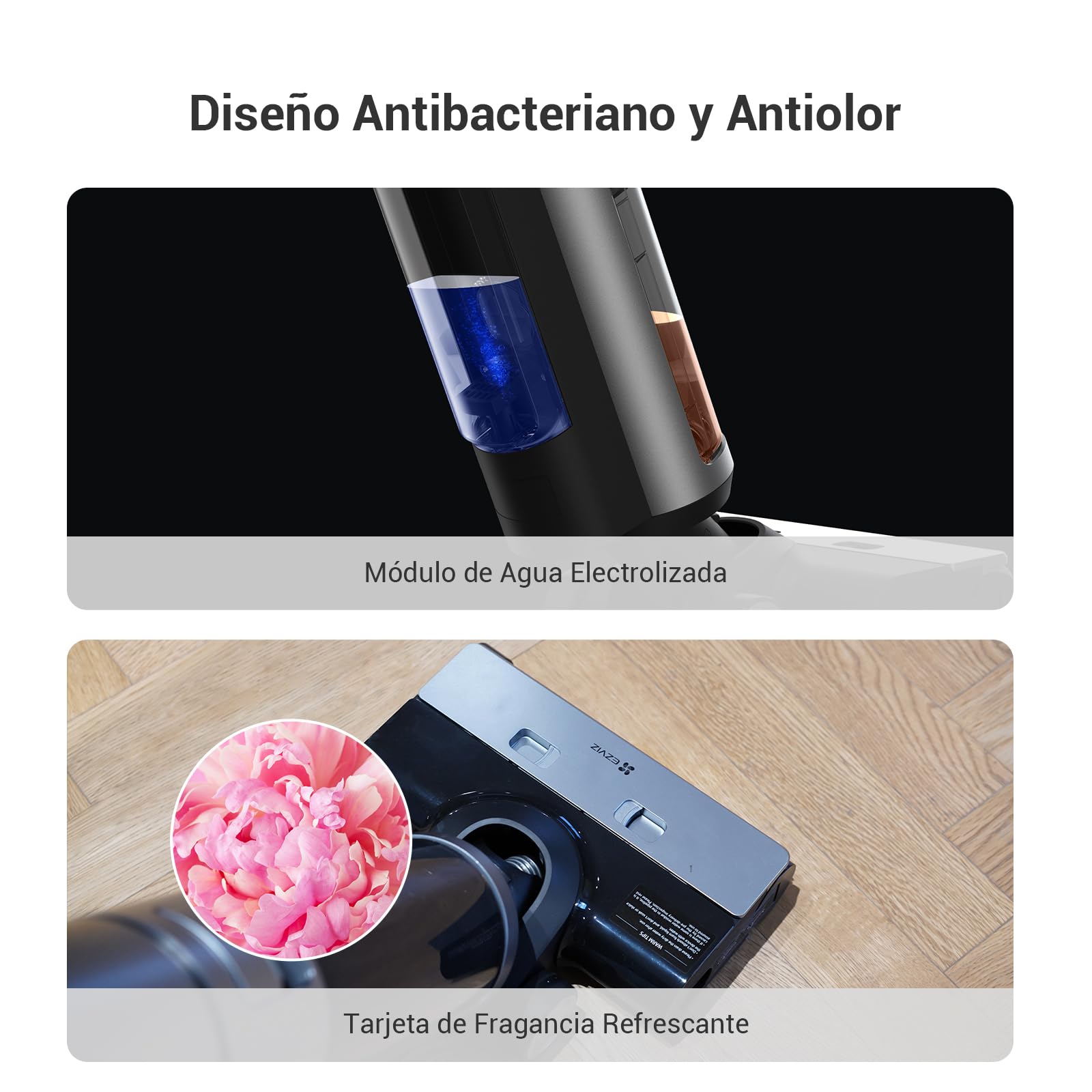 EZVIZ Aspirador Escoba sin Cable en Seco y Húmedo Inalámbrico,Fregasuelos Fregona Potente,Agua Electrolizada,Autolimpieza,Antibacterias y Antiolor,RH2