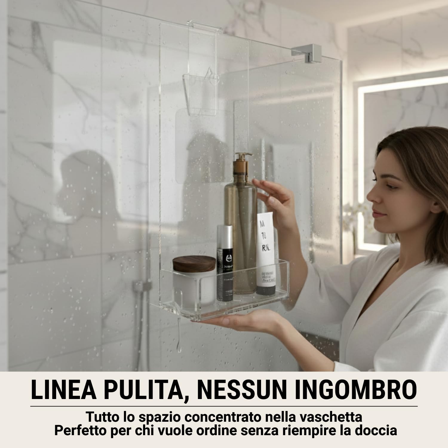 AGPLEX Porta Shampoo Doccia da Appendere in vetro acrilico plexig. cm 24x20xh45, mensola doccia con porta asciugamani, organizer Bagno (Senza Mensolina, Spessore fino a 15mm) - Made in Italy