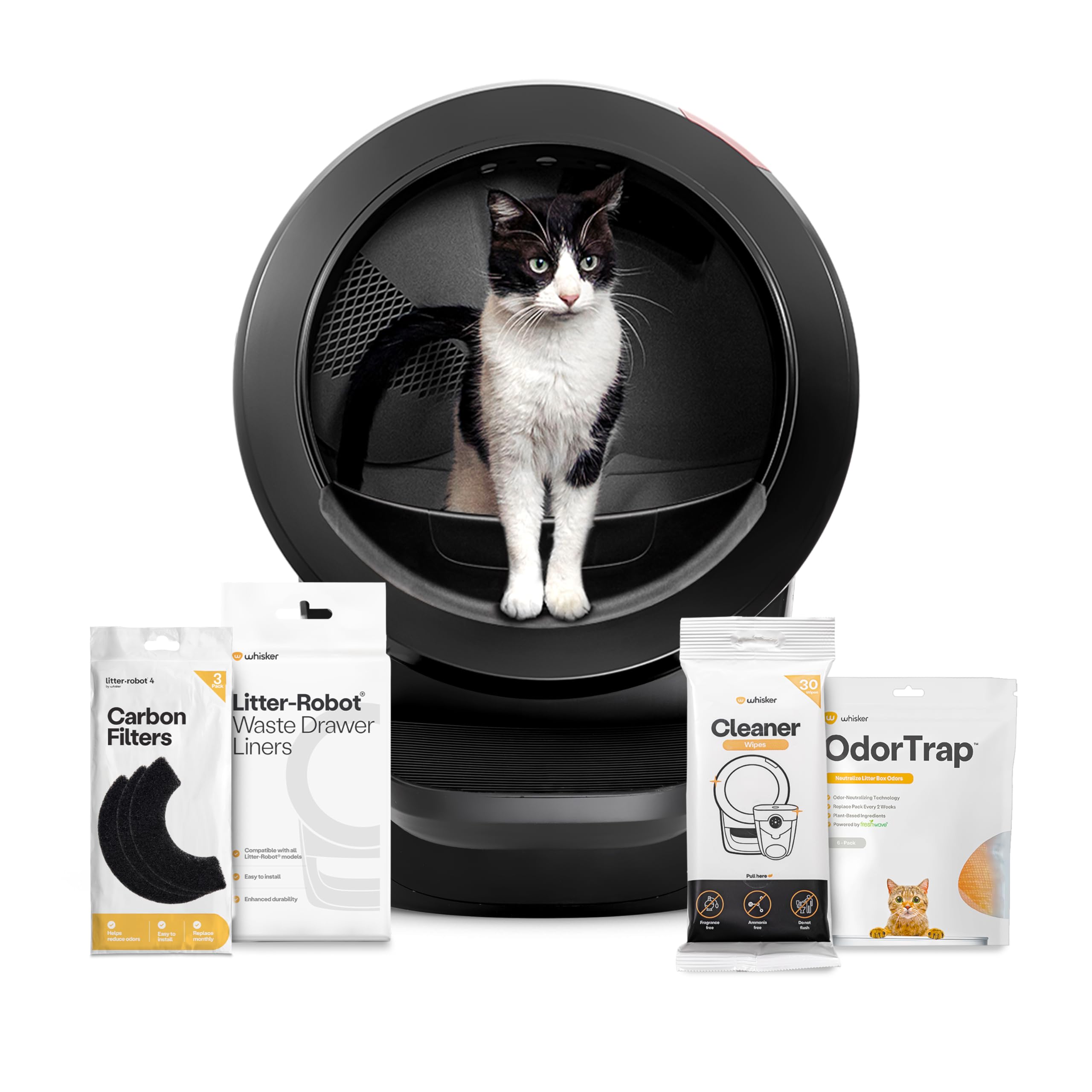 Litter-Robot 4 Supply Bundle by Whisker, Black - Automatic, Self-Cleaning Cat Litter Box, Includes Litter-Robot 4, 3 OdorTrap Refills, 10 Liners, 30 Cleaner Wipes, & 2 Carbon Filters