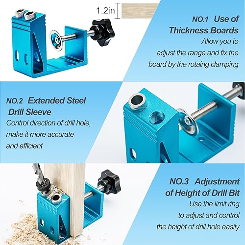 Miniatura 5 de Kit de plantilla de agujero de bolsillo, herramienta perforadora para carpintería, plantilla de agujero de bolsillo con herramienta de guía de