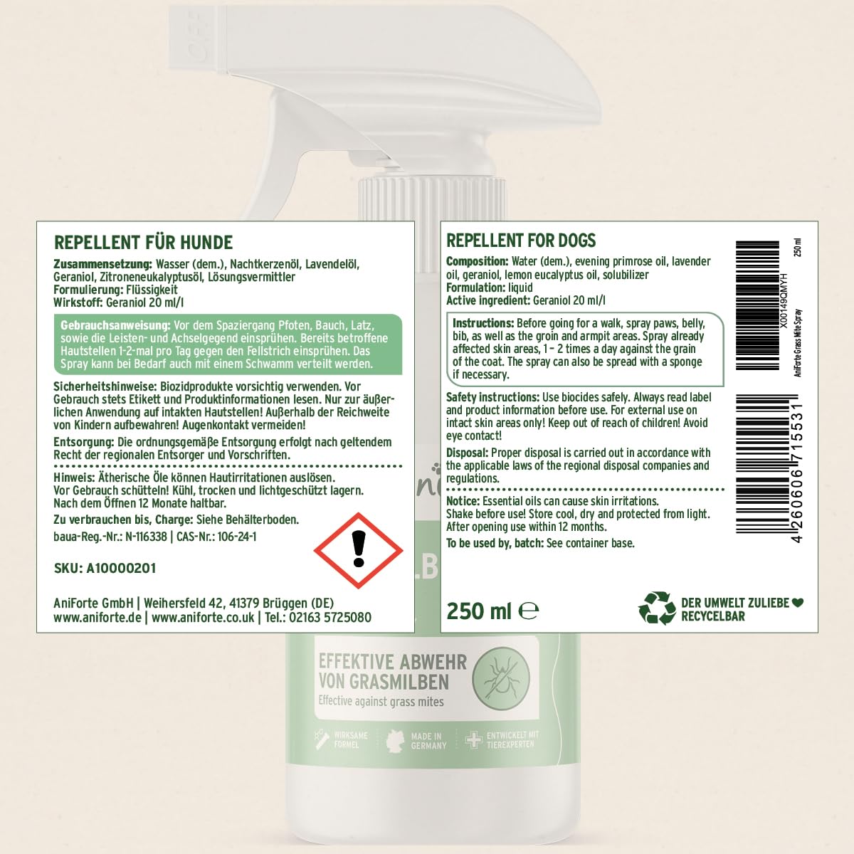 AniForte Grasmilben-EX Spray 250ml - Grasmilbenspray für Hunde, effektive & langzeitige Abwehr gegen Grasmilben & Parasiten, beruhigt gereizte Haut & lindert Juckreiz