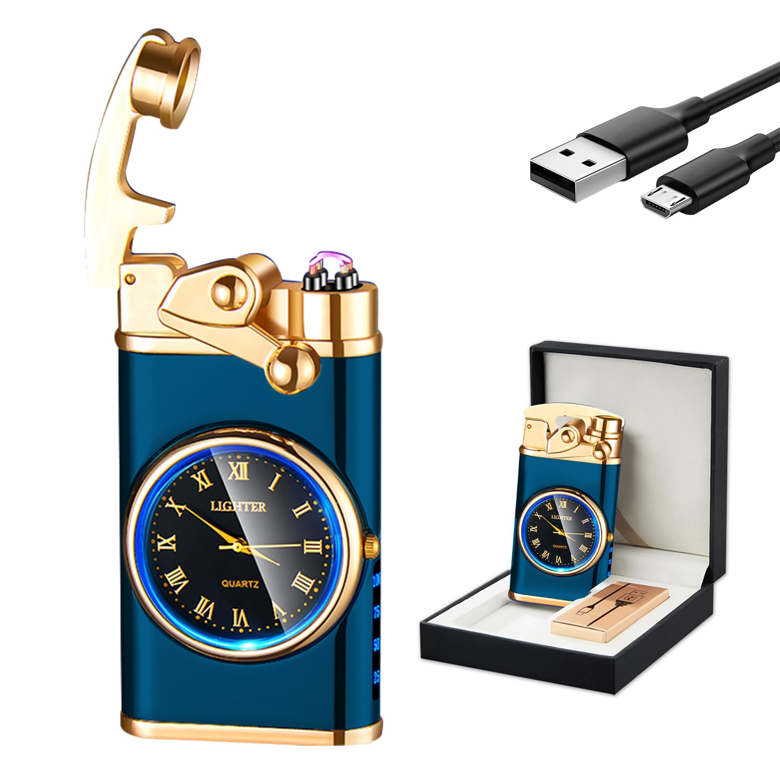 GADATOPElectric Lighter Rechargeable USB Lighter Flameless Windproof Lighter Personalized Creative Rocker Double Arc Plasma Lighter with Luminous Dial LED for Men and Women Gifts (Blue Ice)