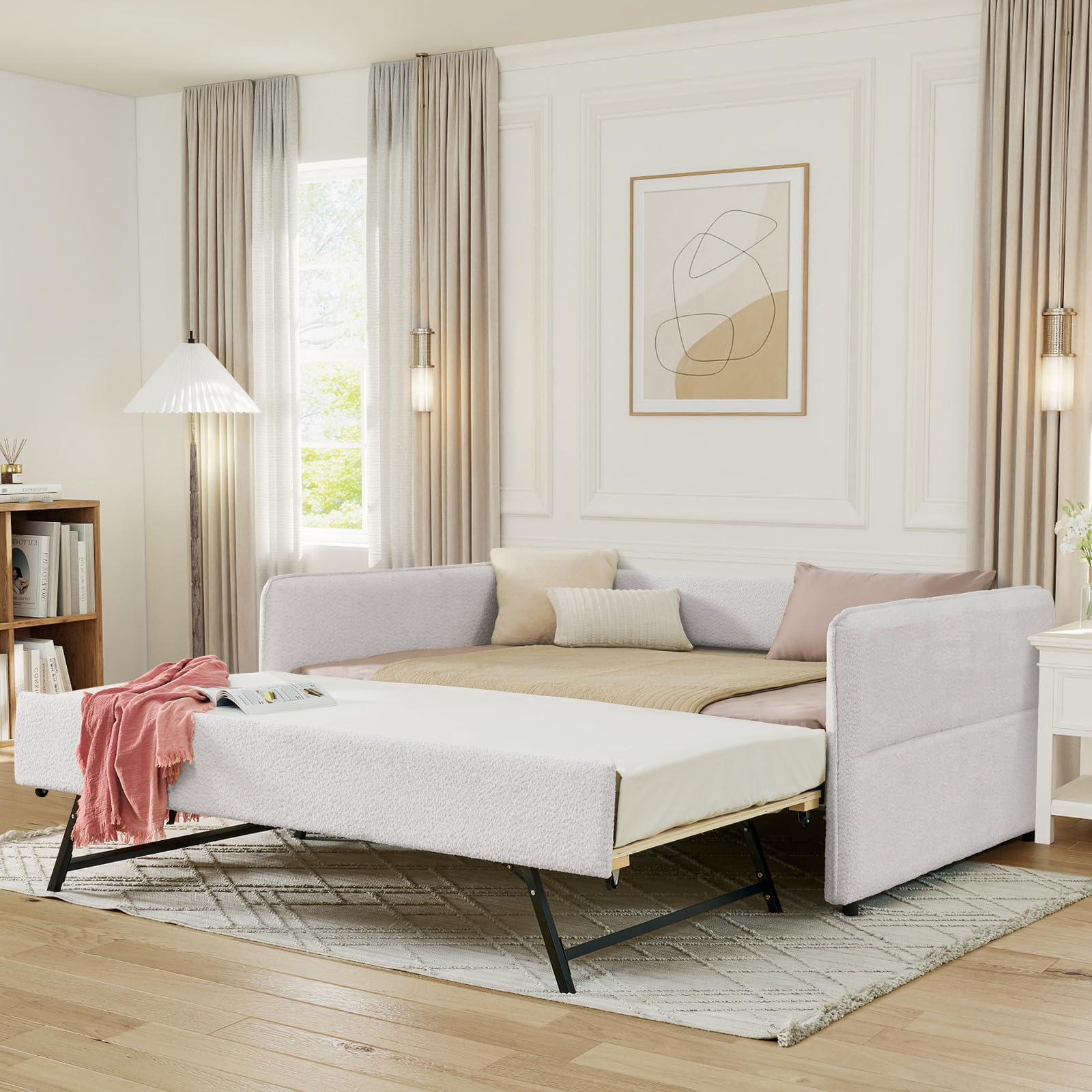 Daybed with Pop Up Trundle Bed, Modern Upholstered Boucle Full Size Day Bed Frame, Tufted Corner Sofa Bed Furniture for Bedroom, Living Room, Guest Room No Box Spring Needed, Beige