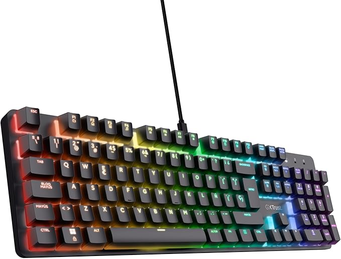 Trust GXT 871 Zora Teclado Mecánico Español QWERTY con Iluminación RGB, Interruptores Lineales Huano, N-Key Rollover Anti-ghosting, Teclado Gaming Programmable con Cable USB para PC Portátil