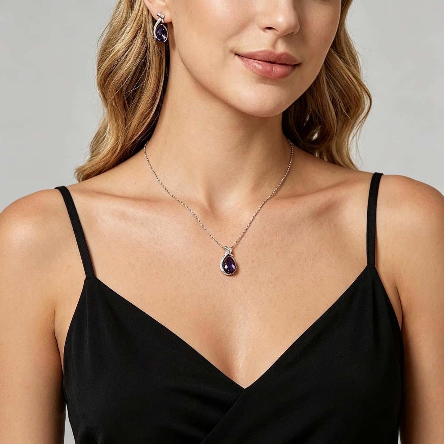 Mermaid Teardrop Pendant Necklaces with Stud Earrings Jewelry Sets for Women Crystal Pear Birthstone Charm White Gold Chain Trendy Costume Accessories for Wife Anniversary Mom Birthday Gifts image 2