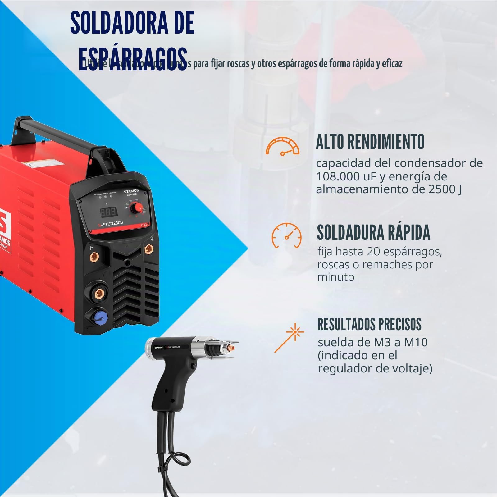 Stamos Germany - S-STUD2500 - Equipo de soldadura de pernos - 2.500 J y 108.000 µF