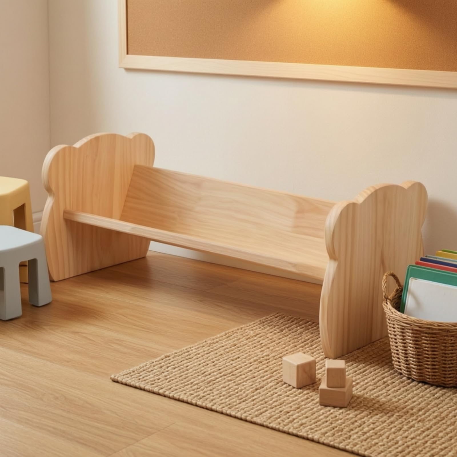 Libreria Bassa per Bambini in Legno Basso Libreria con Mensola Aperta e Pannelli Laterali Decorativi Durevole Mobile per Giochi, Asilo, Orso