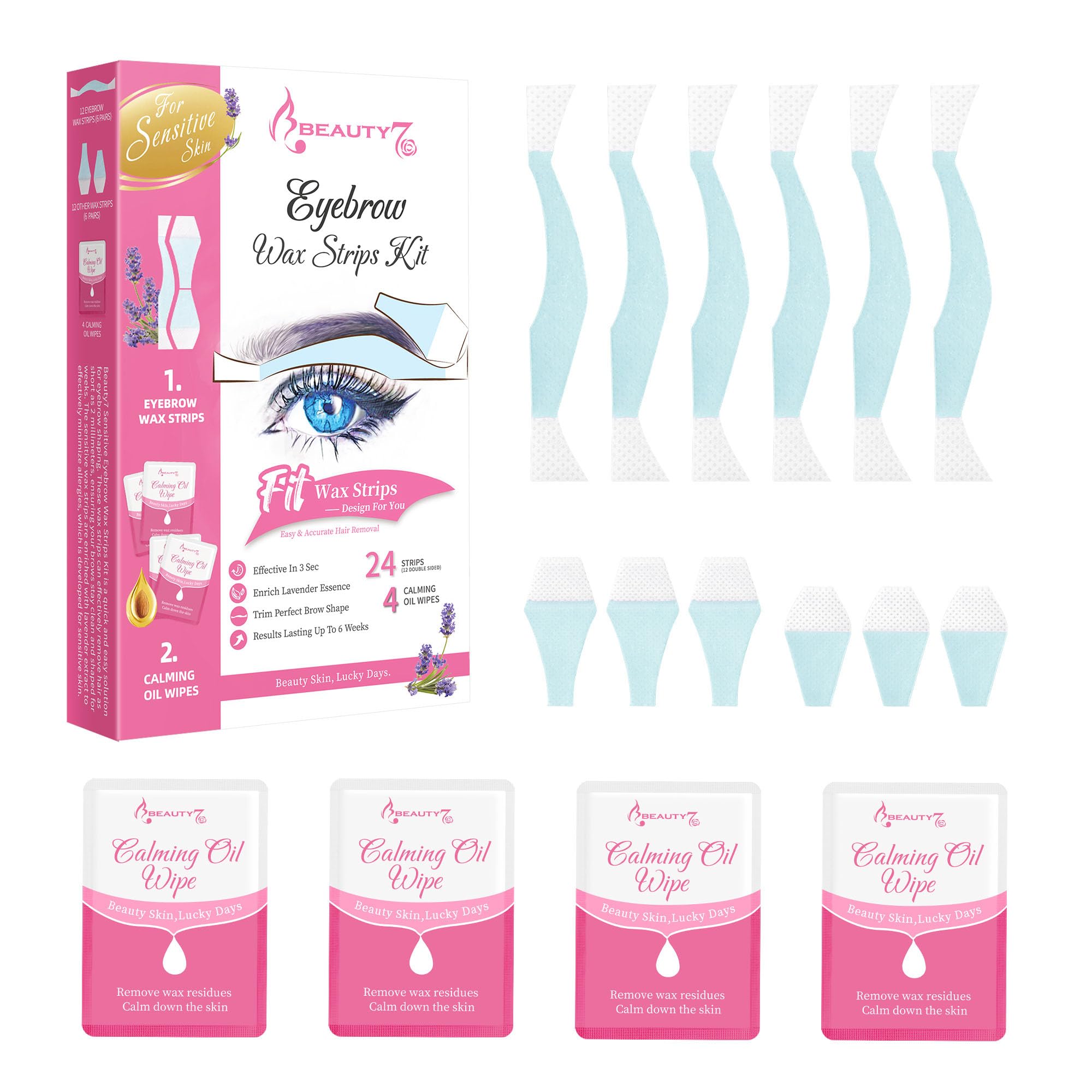 Beauty7 Sensitive Eyebrow Wax Strips, Facial Hair Removal for Women, Eyebrow Waxing Strips, with 24 Strip 4 Calming Oil Wipes, Home Waxing for Sensitive Skin Types