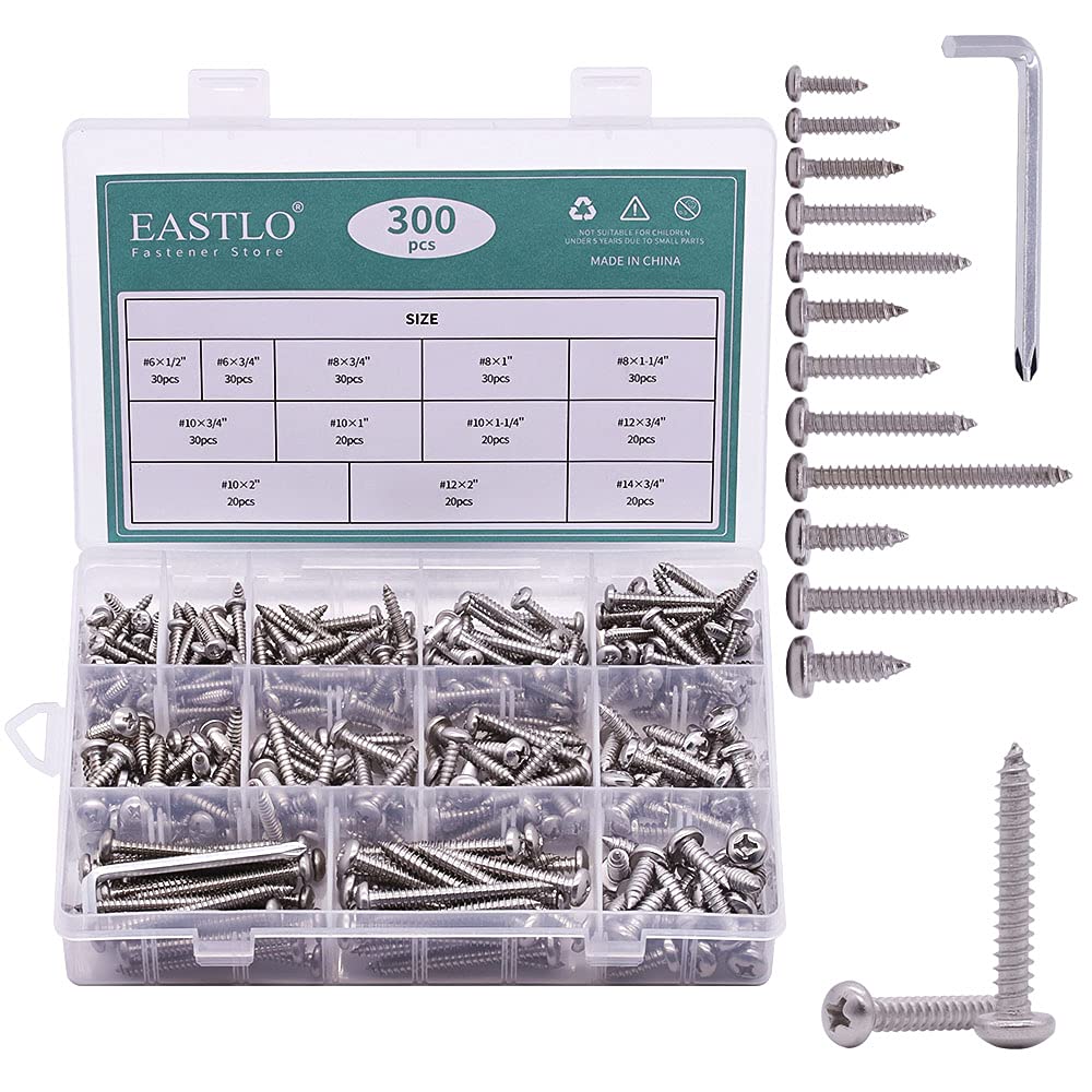300 PCS Pan Head Phillips Drive Sheet Metal Screws Assortment Kit with Size #6, #8, #10, #12, #14, Bright Finish, 304 Stainless Steel 18-8