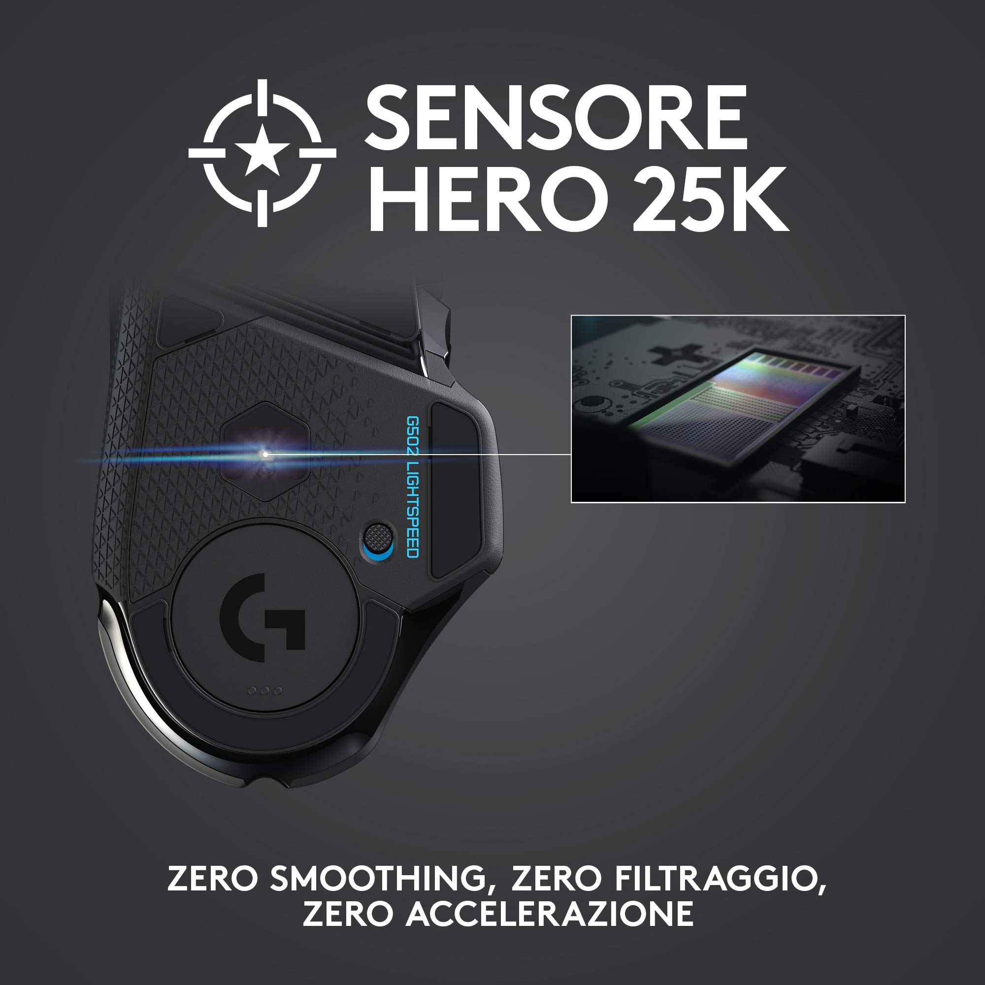 Logitech G G502 Mouse Gaming Wireless LIGHTSPEED, Sensore HERO 25K, 25600 DPI, RGB, Design Leggero, 11 Pulsanti Programmabili, Batteria Lunga Durata, Memoria Integrata, Compatibile PC/Mac/Laptop,Nero