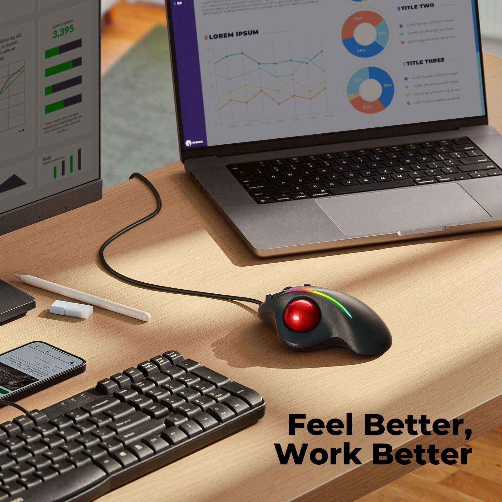 Trackball Maus kabelgebunden, RGB Ergonomische Maus mit Komfort-Design, Einfache Daumensteuerung, Präzision und reibungsloses Tracking, kompatibel für PC, Laptop, Mac, Windows, Rot