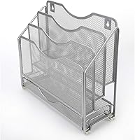Vista 2 de EasyPAG Organizador de papel de escritorio de malla para colgar en la pared con 3 estantes verticales y cajón deslizante, color plateado