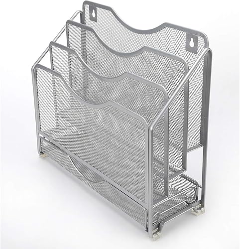 Miniatura 2 de EasyPAG Organizador de papel de escritorio de malla para colgar en la pared con 3 estantes verticales y cajón deslizante, color plateado