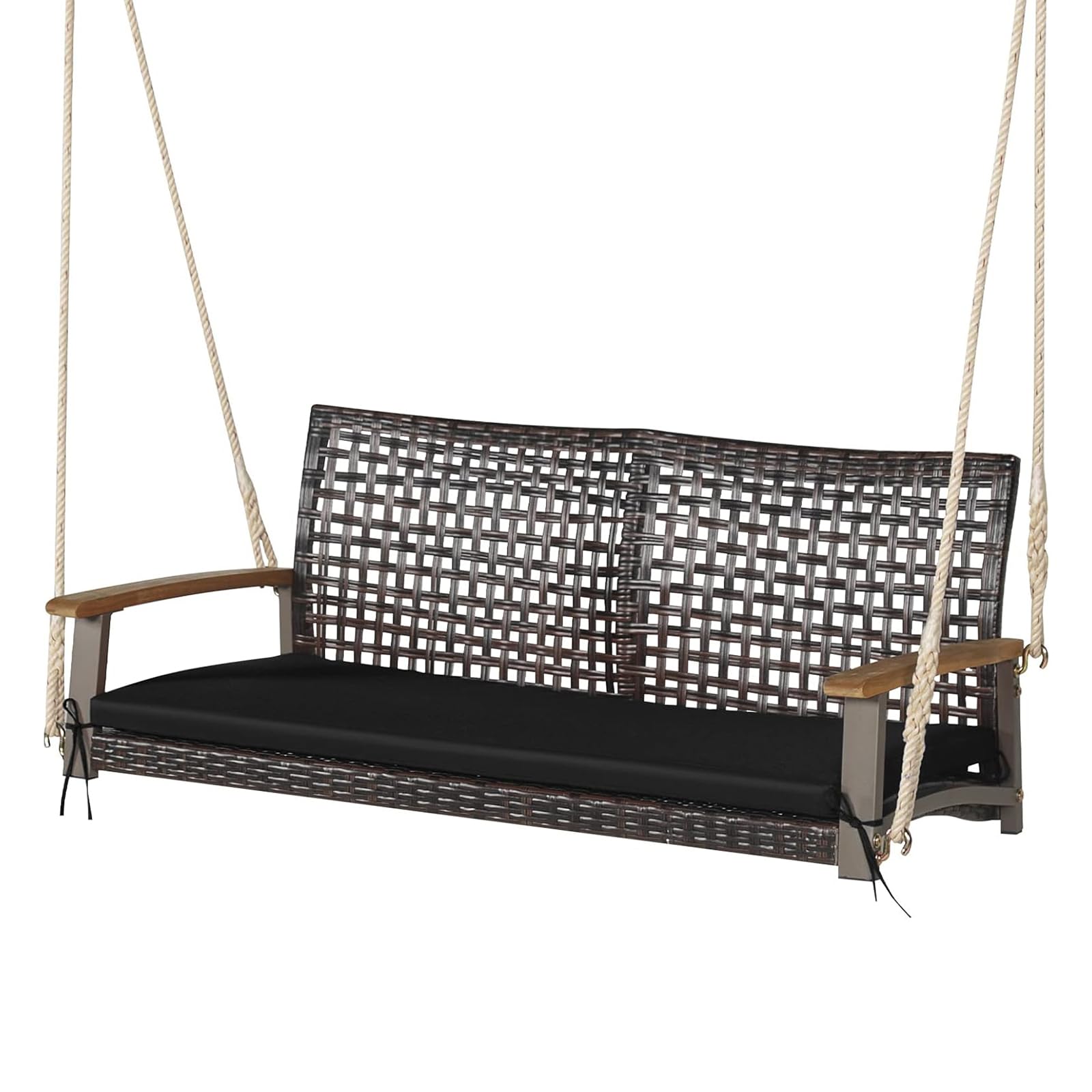SOARS Dondolo Sospeso a 2 Posti in Rattan PE, Altalena da Esterno con Cuscini e Braccioli in Legno di Acacia, Carico 360 kg, 131 X 68 X 54 CM, Panca Sospesa per Giardino, Balcone, Terrazza (Nero)