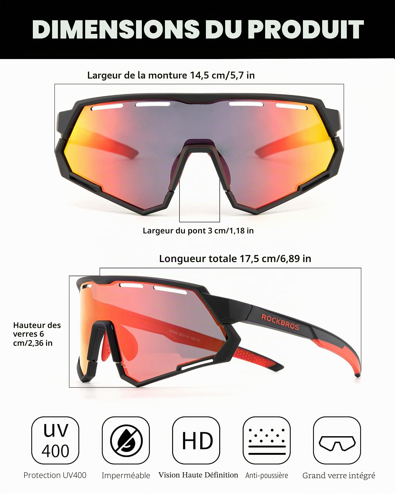 ROCKBROS Lunettes Cyclisme Polarisées Photochromiques 2 en 1 | Verres Interchangeables, Protection UV, Monture Légère pour Running, Jogging, Conduite, VTT et Activités de Plein Air