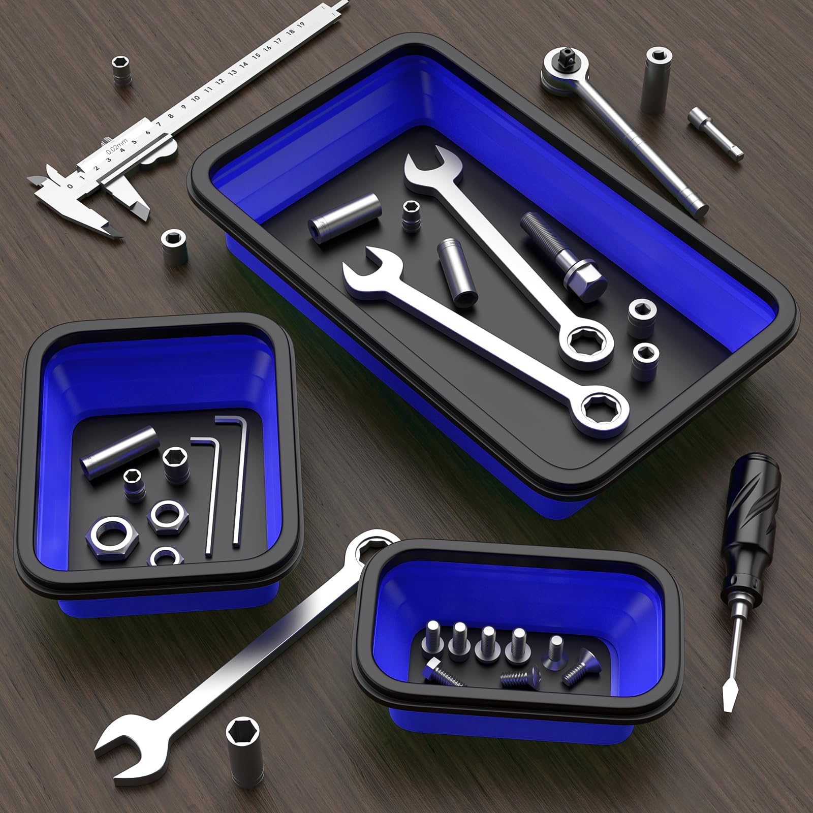 Vassoio magnetico pieghevole per parti, in silicone, set di 3 misure, contenitore organizer per viti, dadi, perni, blu