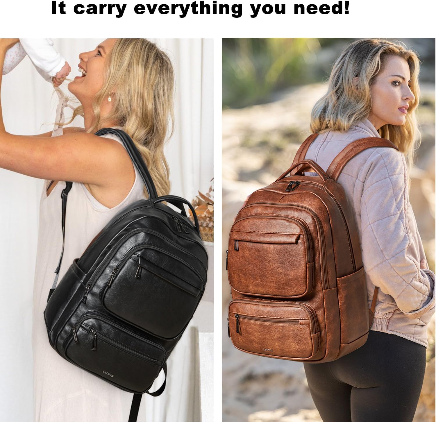 43L Backpack Purse For Women Men Leather Shoulder Diaper Bookbag Tote 17 16 15.6 Inch Laptop Bag Handbags For Travel Work College Large Brown - Image 8