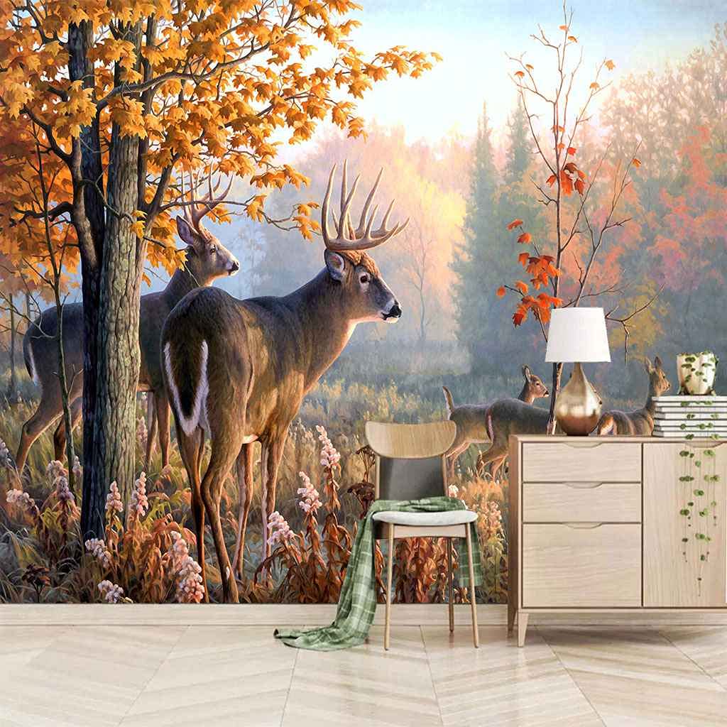 Toile murale haut de gamme papier peint photo 3D wapiti forêt d'automne grand format