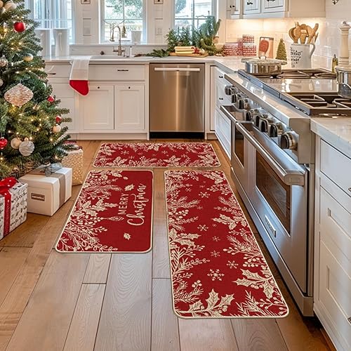 Miniatura 10 de Artoid Mode Holly Pine Branches Leaves Merry Christmas - Juego de 2 tapetes de cocina de bajo perfil para suelo, 17 x 29 y 17 x 47 pulgadas