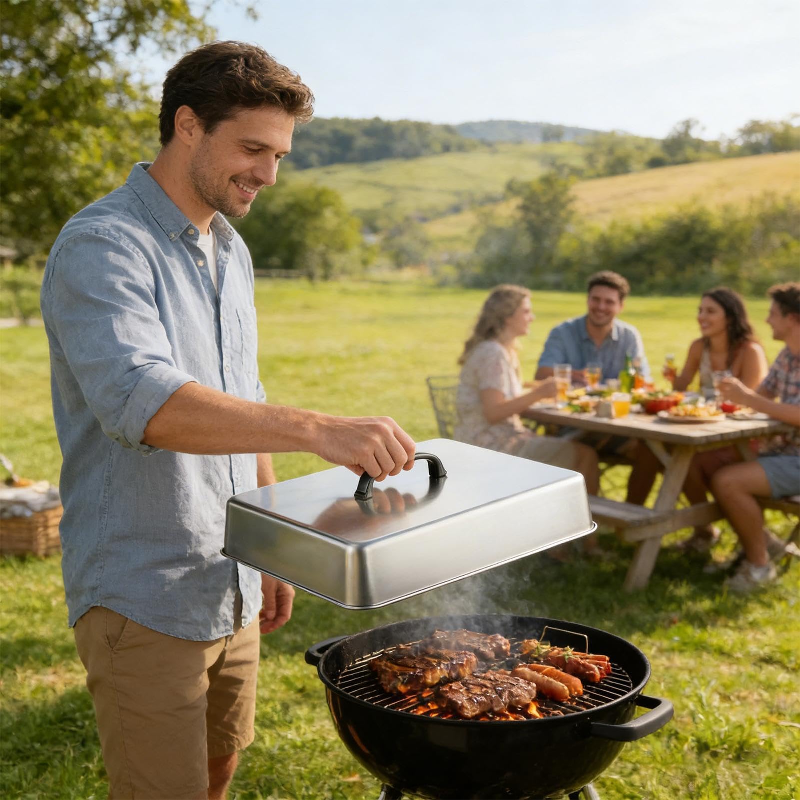 Generico Copricopertura per Piastra - Coperchio Rettangolare in Acciaio Resistente al Calore | Copertura per Piastra a Gas - per Grigliate BBQ Cucina All'aperto Carne Verdure Hamburger Cibo