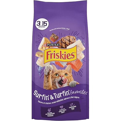 Purina Friskies Cat Food Surfin and Turfin Favorites Flavors of Chicken, Whitefish, Salmon and Filet Mignon - (Pack of 4) 3.15 lb. Bags