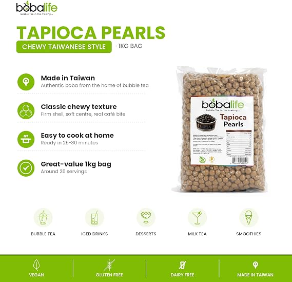 Bobalife Tapioca Pearls 1kg – Bubble Tea Boba Pearls for Milk Tea, Iced Drinks & Desserts – Chewy Taiwanese Style, Vegan & Gluten Free