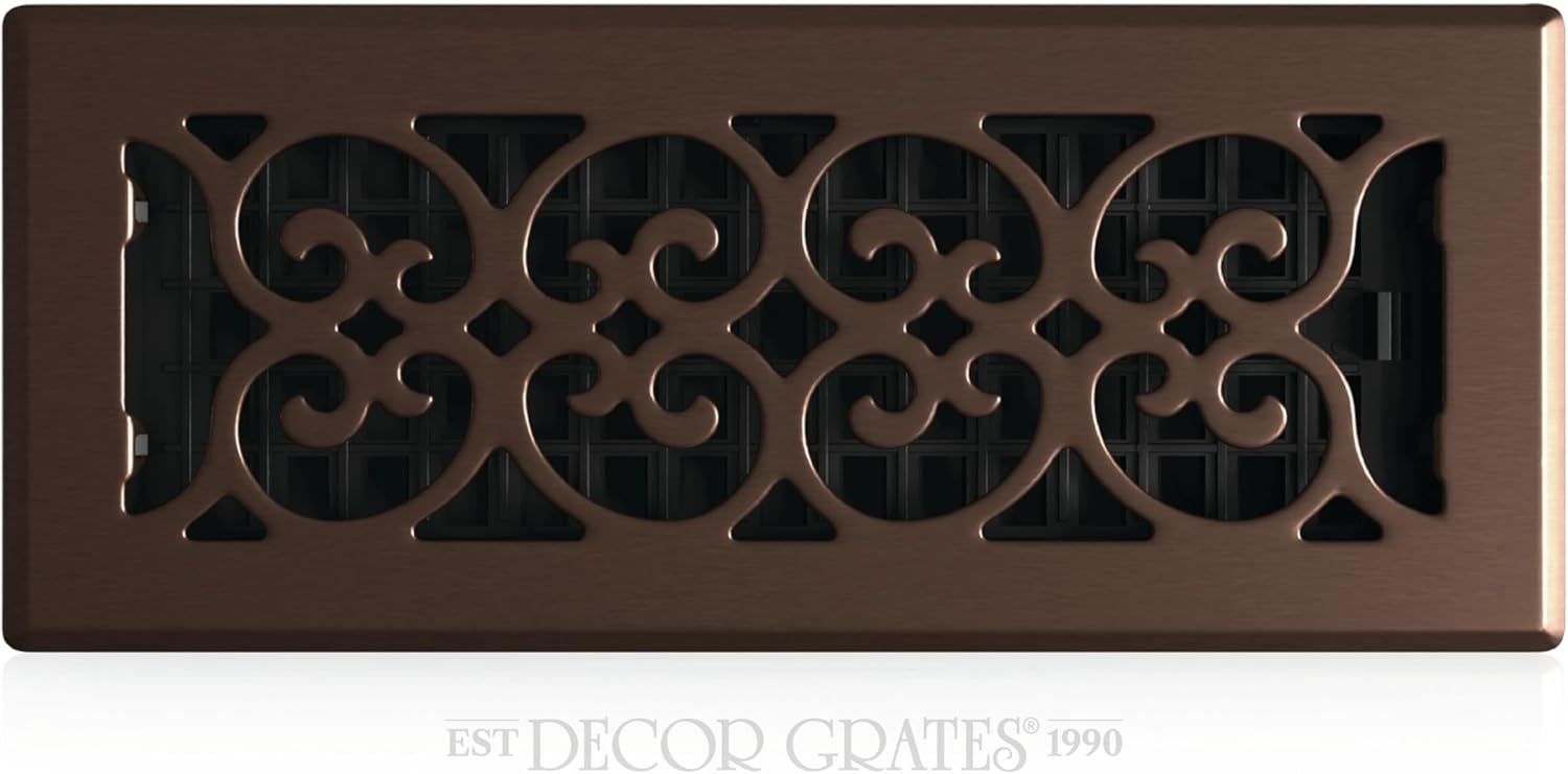 Decor Grates 4x12 Rubbed Bronze Scroll Floor Register Vent Cover - Adjustable Damper, Easy Install HVAC Air Vent (SPH412-RB)