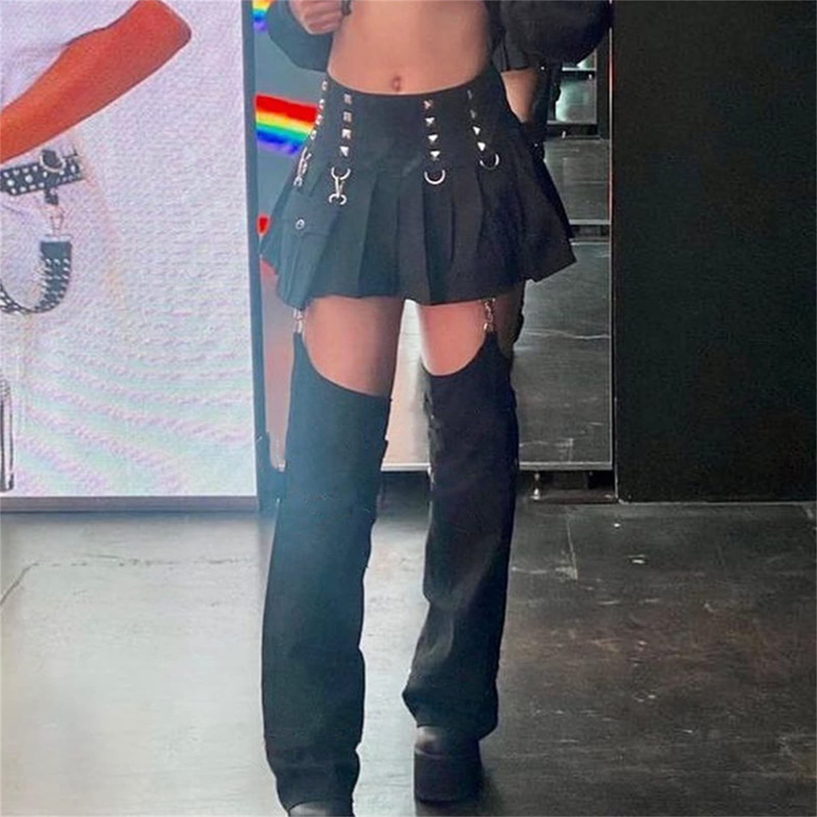 Damen Nieten-Denim Gewaschene Faltenrockhose Retro-Mode dunkle Straße Faltenrockhose