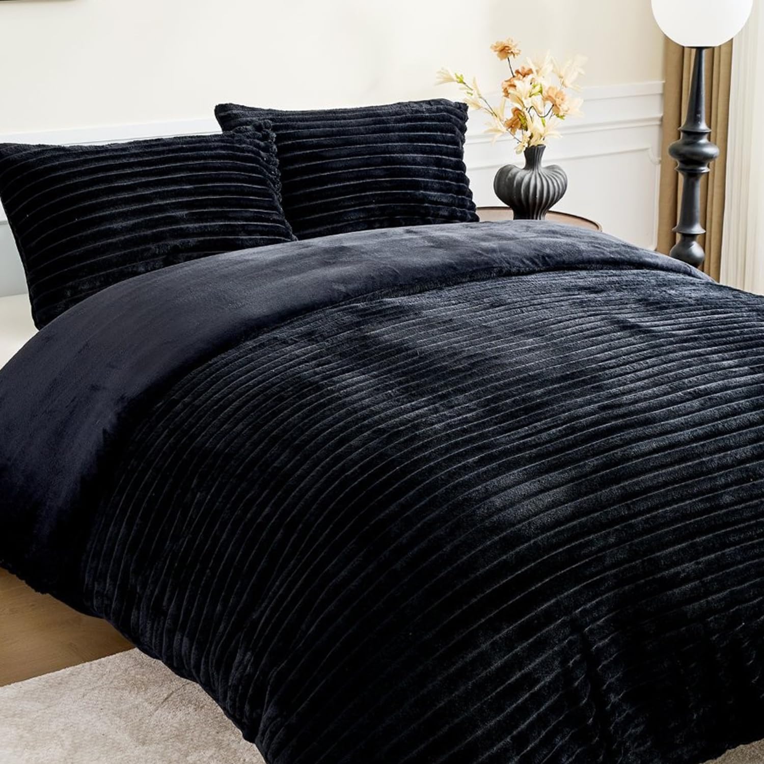 Brillars Ribbed Teddy Fleece Duvet Cover Set – Soft, Fluffy, and Warm Chunky Winter Bedding with Pillowcases, Easy-Care Luxury Quilt Covers (Black, Single) — image 1