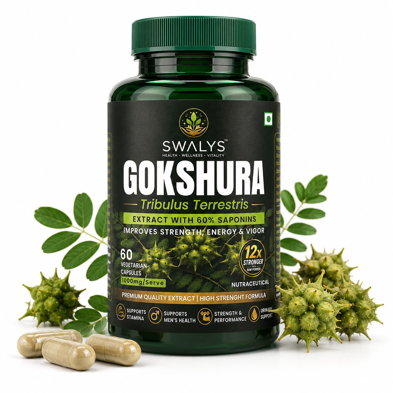 Gokshura 1000mg | Tribulus Terrestris Extract Standardized to 60% Saponins | 60 Veg Capsules | High Potency Herbal Supplement | Supports Men's Wellness, Strength, Stamina & Performance-image-25