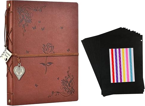 Vintage Scrapbooking Album Family Scrap Book Leather DIY Photo Albums/ 10 Sheets Black Refill Paper, Scrapbooking Supplies Gift for Mom Mother