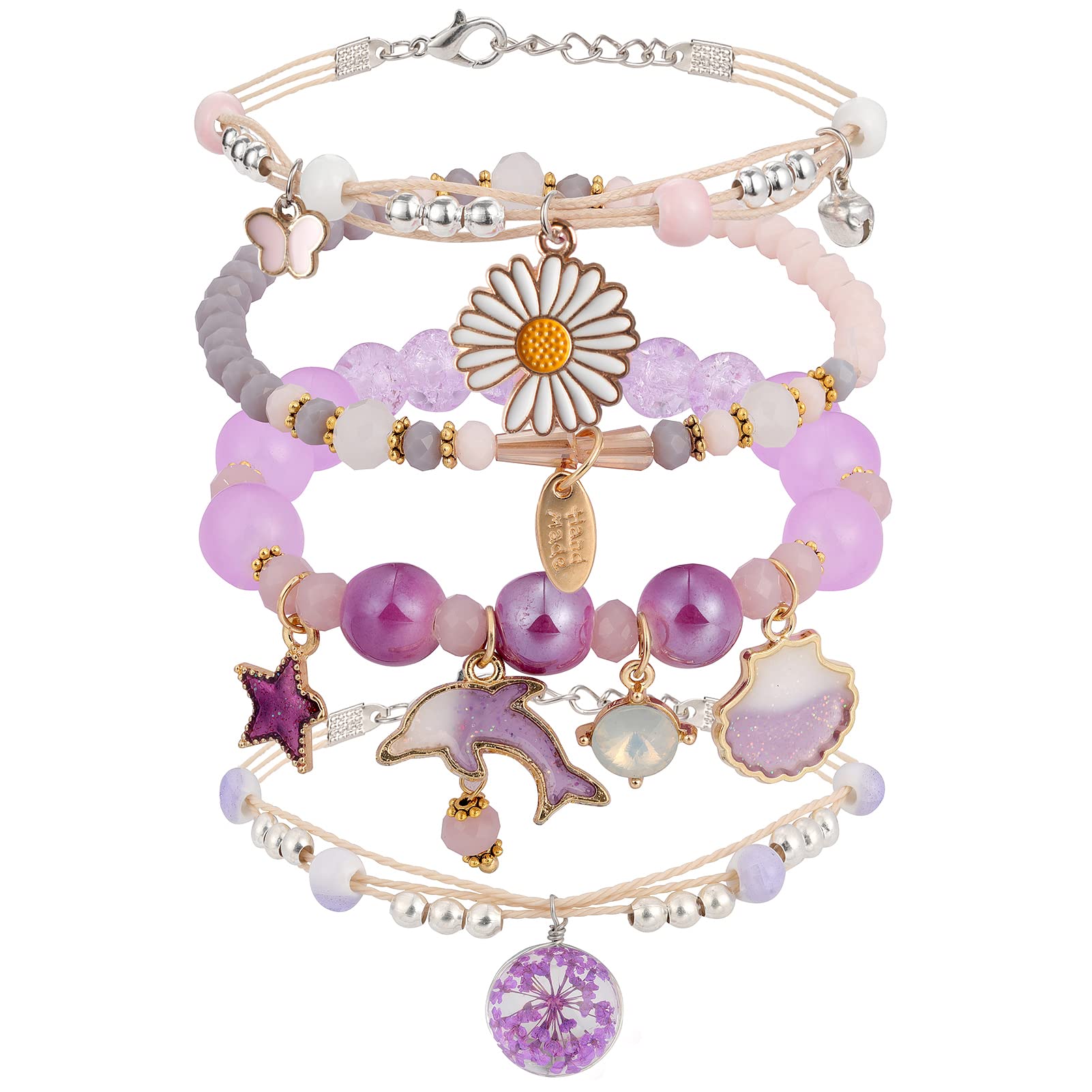 DS 4PCS Beaded Charm Bracelets for Teen Girls Dainty cute cartoon Crystal Beads Pearl Bracelets anklets set for woman and girls Adjustable Stretch bracelet birthday Gift For Friends