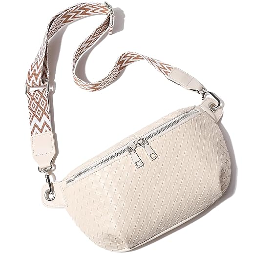 Small Crossbody Purses for Women Trendy - PU Leather Stylish Cross Body Bag Woven Chest Shoulder Bag Travel Crossbody Sling Bag Handbag with Adjustable Wide Guitar Strap - off white