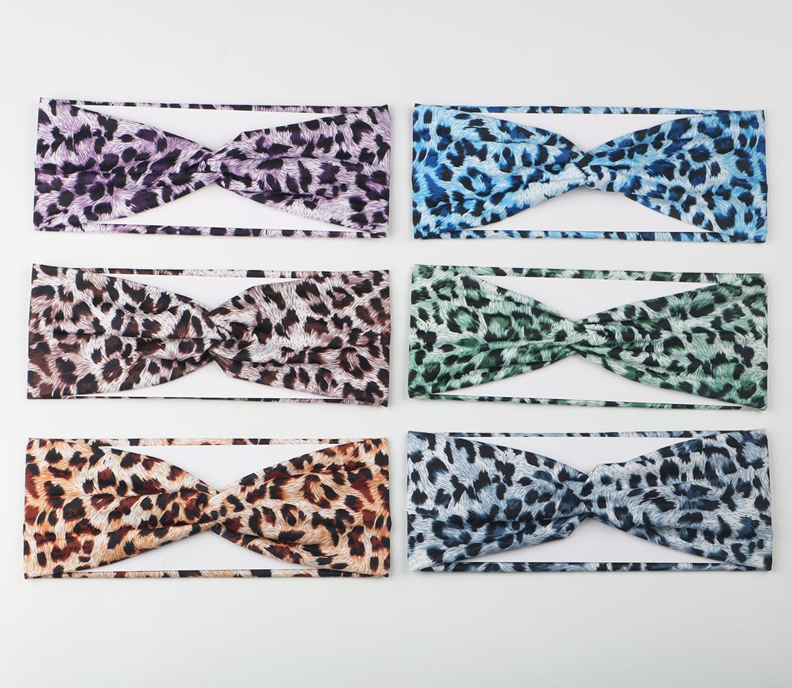 6PCS Leopard Boho Headbands for Women,Elastic Stretchy Boho Criss Cross Head Wrap,Wide Top Knot Turban Hair Band image 4
