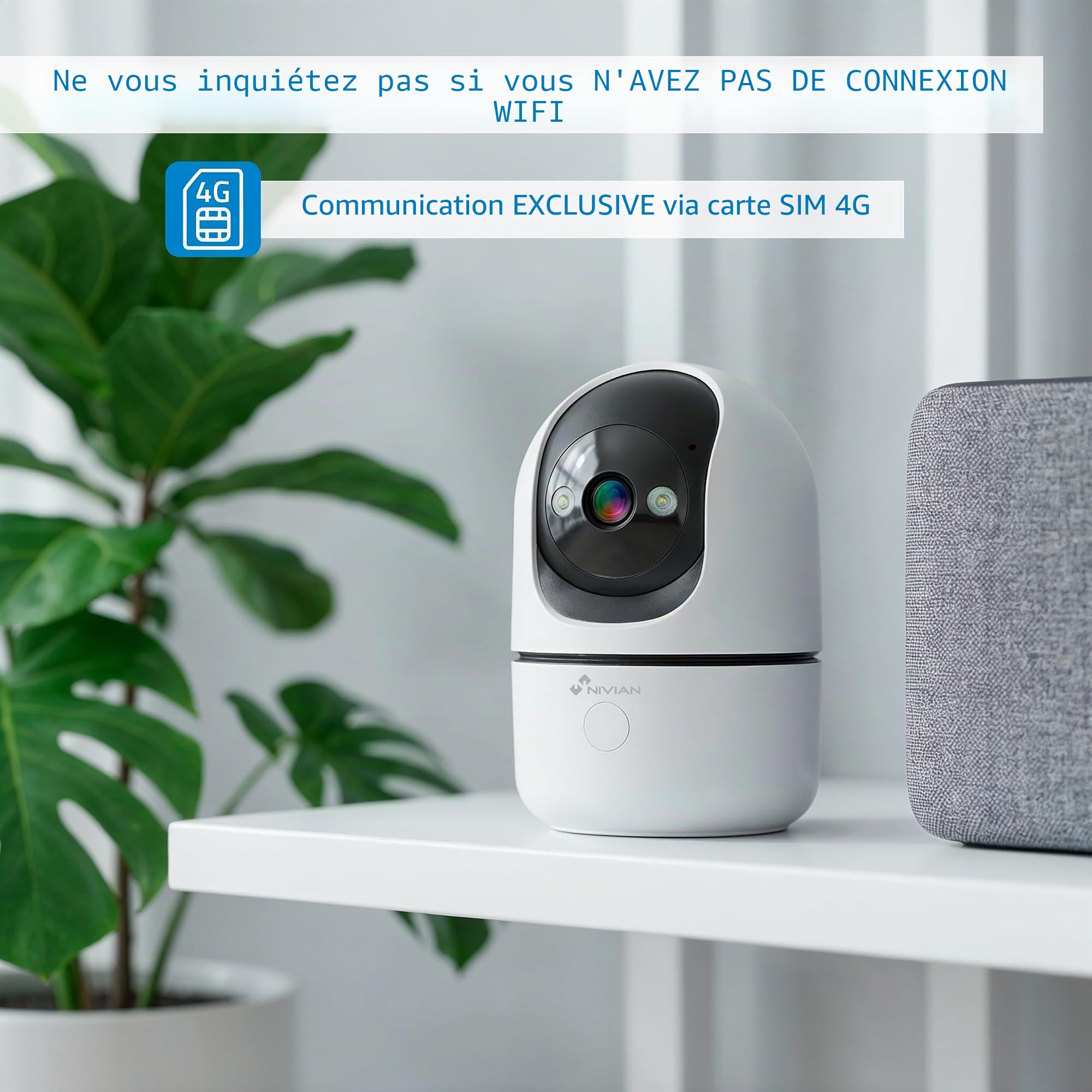 NIVIAN Caméra IP 4G Intérieure 3MP 2K avec Carte SIM Incluse – Caméra de Surveillance sans WiFi, Détection Humaine IA, Vision Nocturne, Audio Bidirectionnel, Suivi Automatique, Rotation