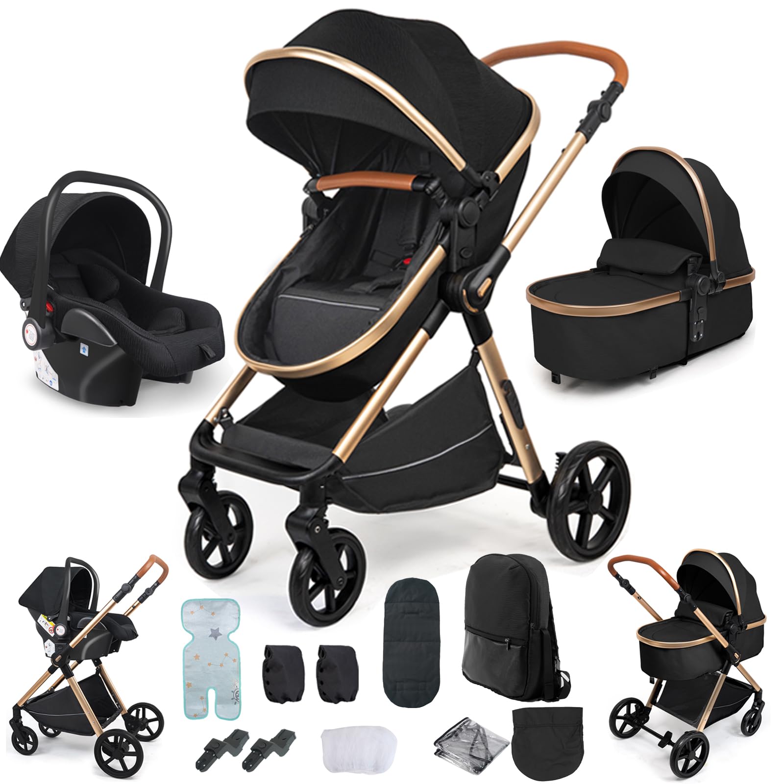 Veitoalioy Kinderwagen 3 in 1, Bequemer Multifunktionaler Kombikinderwagen 3 in 1 Komplettset, Aluminium Hohe Landschaft Babywagen, Faltbarer Kinderwagen Set (H2 Black)