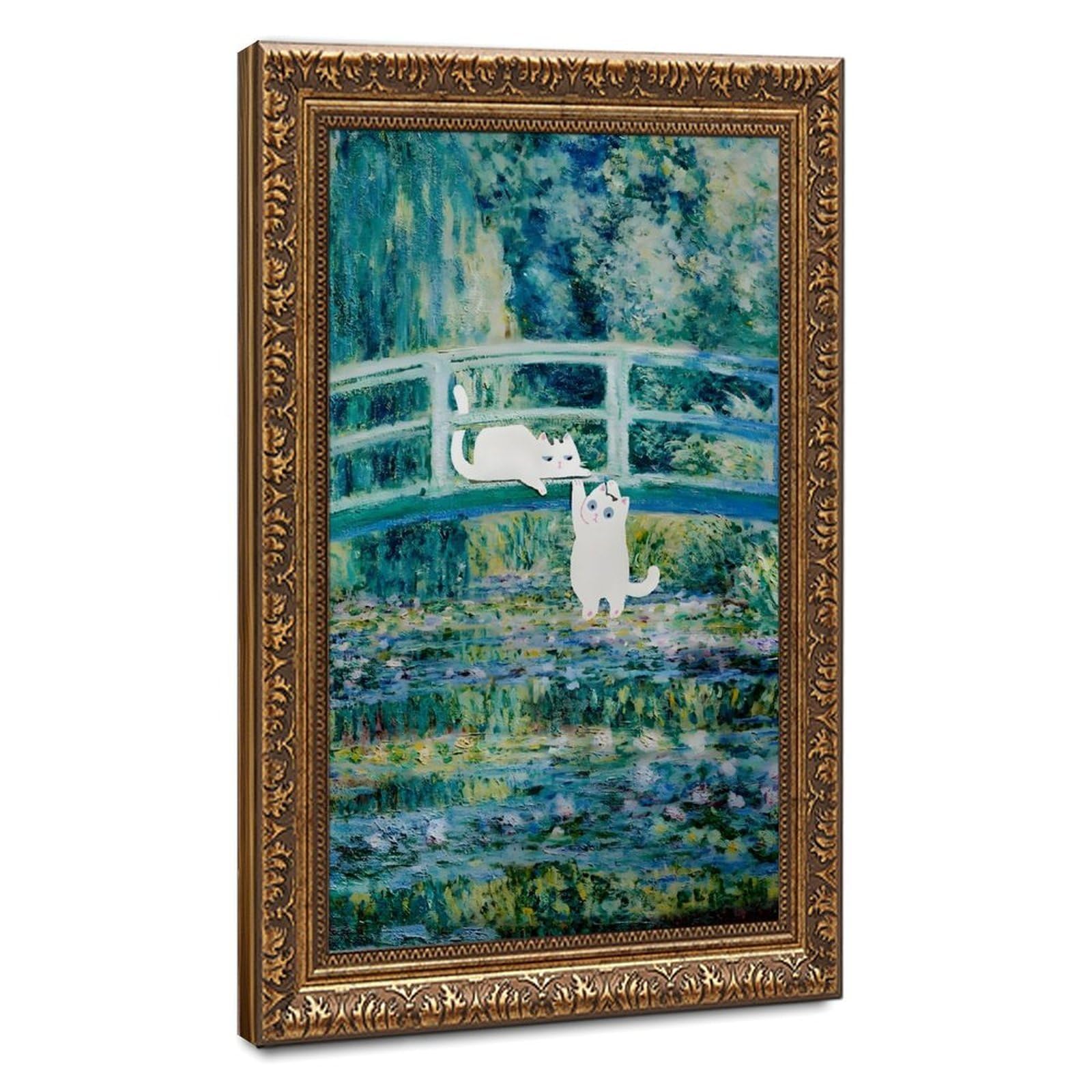 Poster divertente su tela con laghetto con ninfee di gatto, decorazione artistica da parete per soggiorno, camera da letto, decorazione retrò con cornice dorata: 50,8 cm di lunghezza x 76,2 cm di