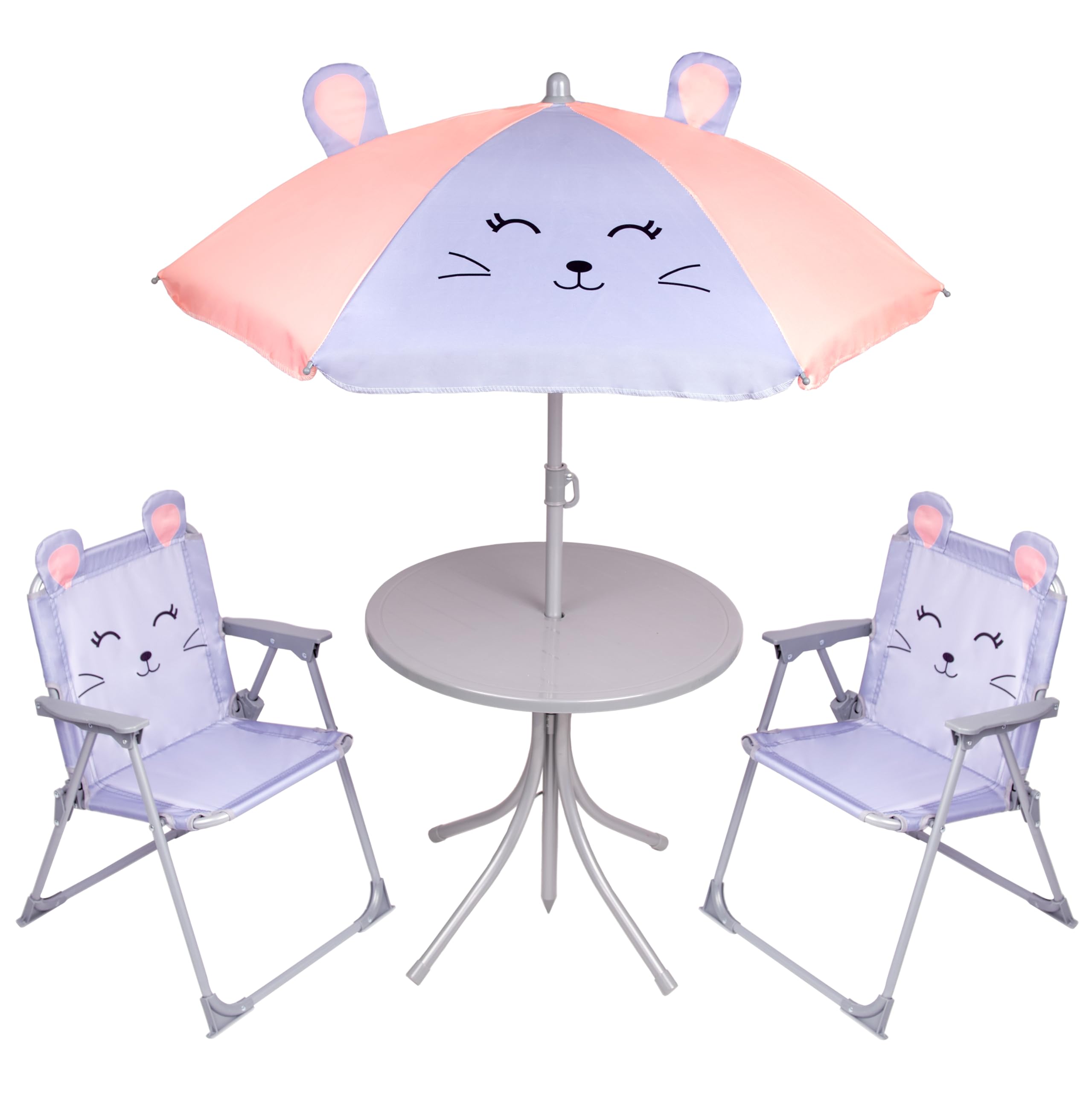 Relsy Cute Mouse Patio Set Kids Garden Furniture, 4-Piece Kid's Patio Set With Table, 2 x Chairs & Adjustable Parasol, Grey, Children's Outdoor Table And Chairs
