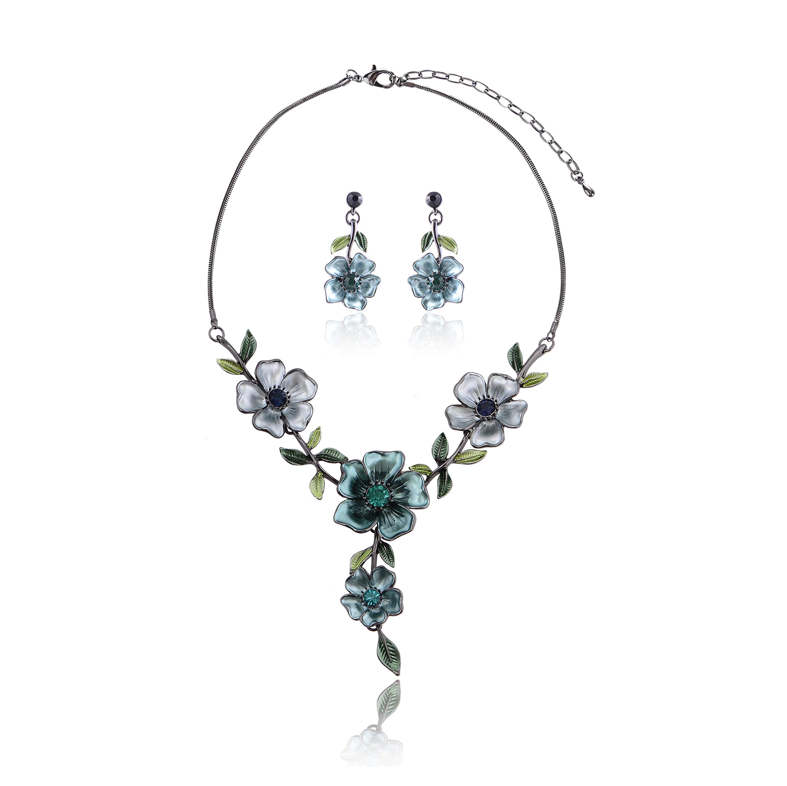 AMYJANE Vintage Statement Jewelry Set - Spring Leaf Flower Floral Plant Necklace Earring Set Crystal Rhinestone Fashion Costume Jewelry for Women Prom