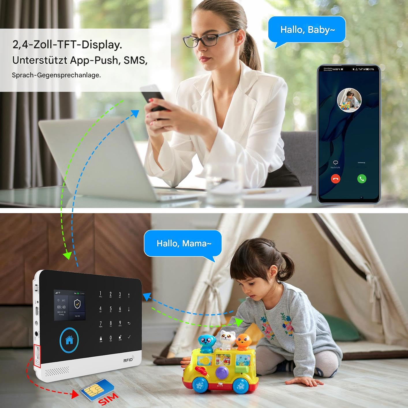 PGST Allarme Casa Senza Fili, 24 Pezzi WIFI/GSM SMS Sistema Antifurto con Sirena Allarme 120dB,Telecomando Intelligente,Display LCD, Invite vocale, Sicurezza per la casa,ufficio,Compatibile con Alexa