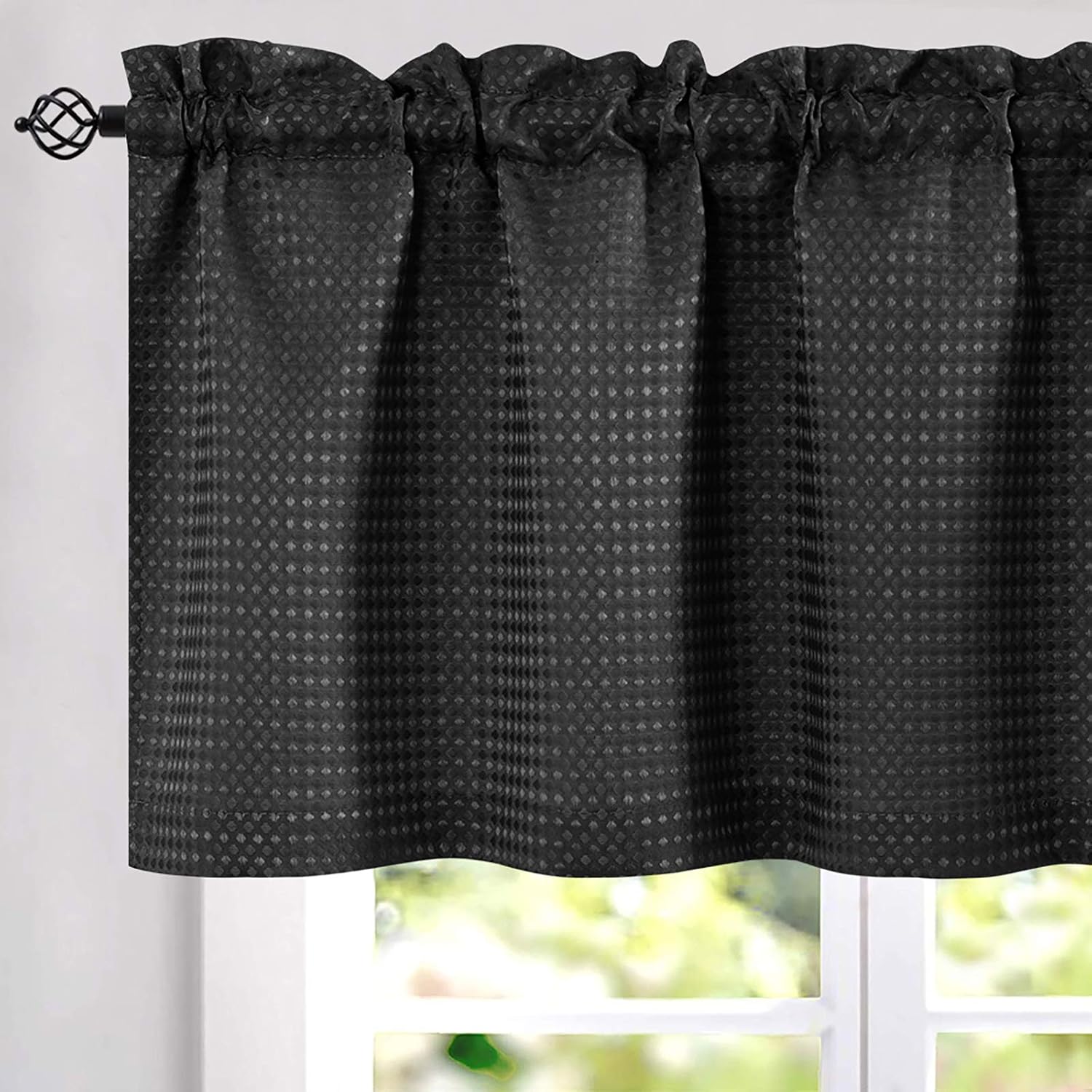 JINCHAN Valance Curtains for Kitchen Waffle-Weave Valance for Living Room Bathroom Waffle Woven Textured Farmhouse Country Valance Light Filtering Window Curtains Rod Pocket 1 Panel 18 Inch Long Black