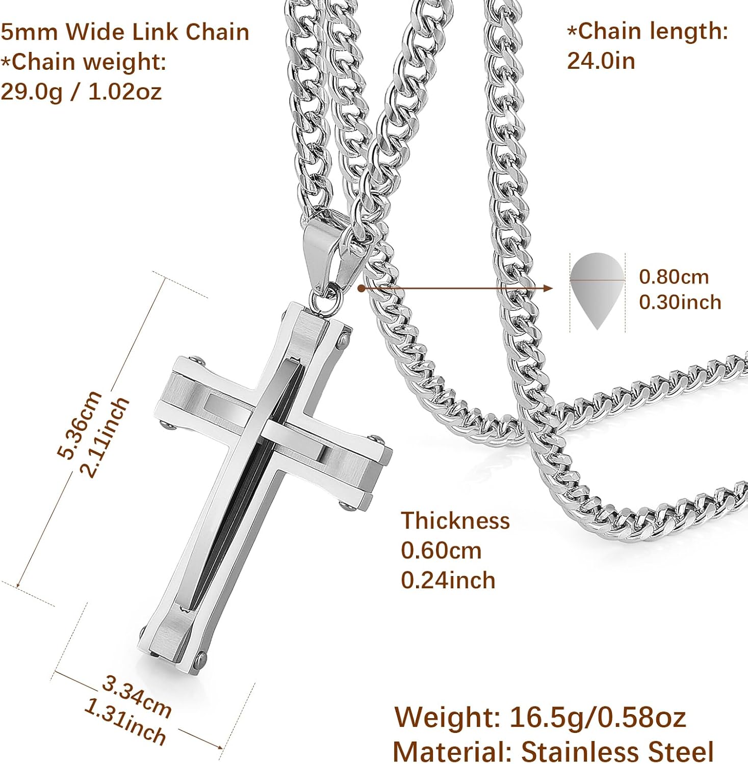 HZMAN Cross Necklace for Men Stainless Steel High Polished Double Layer Cross Necklace Pendant Christian Jewelry Gift with 24Inch Cuban Chain - Image 5