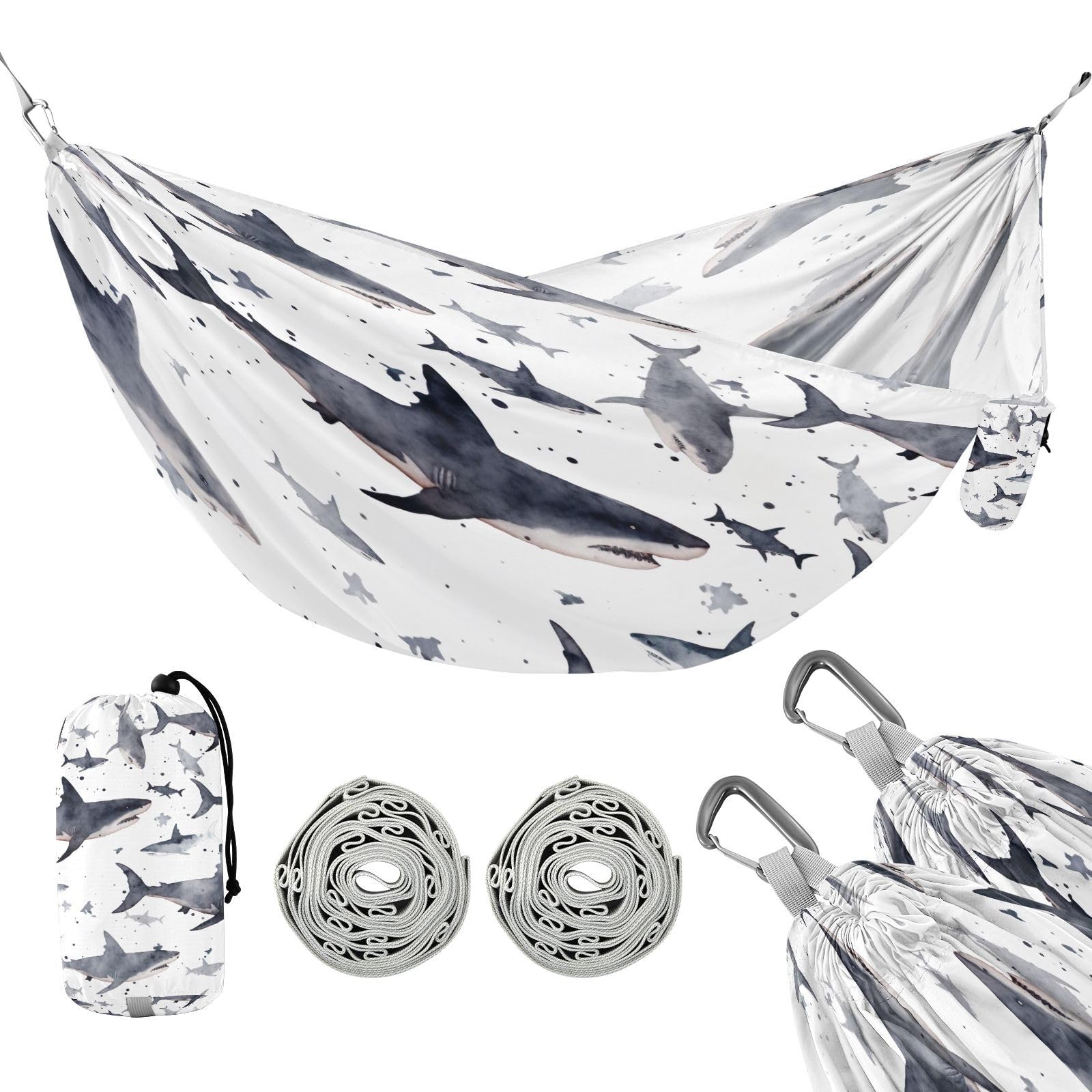 SDMKA Shark Pattern White Camping Hammock, 330 lbs with 2 Tree Straps, Carry Bag, Single Portable Hammock for Outdoor/Indoor, Hiking, Beach, Backpacking, Travel