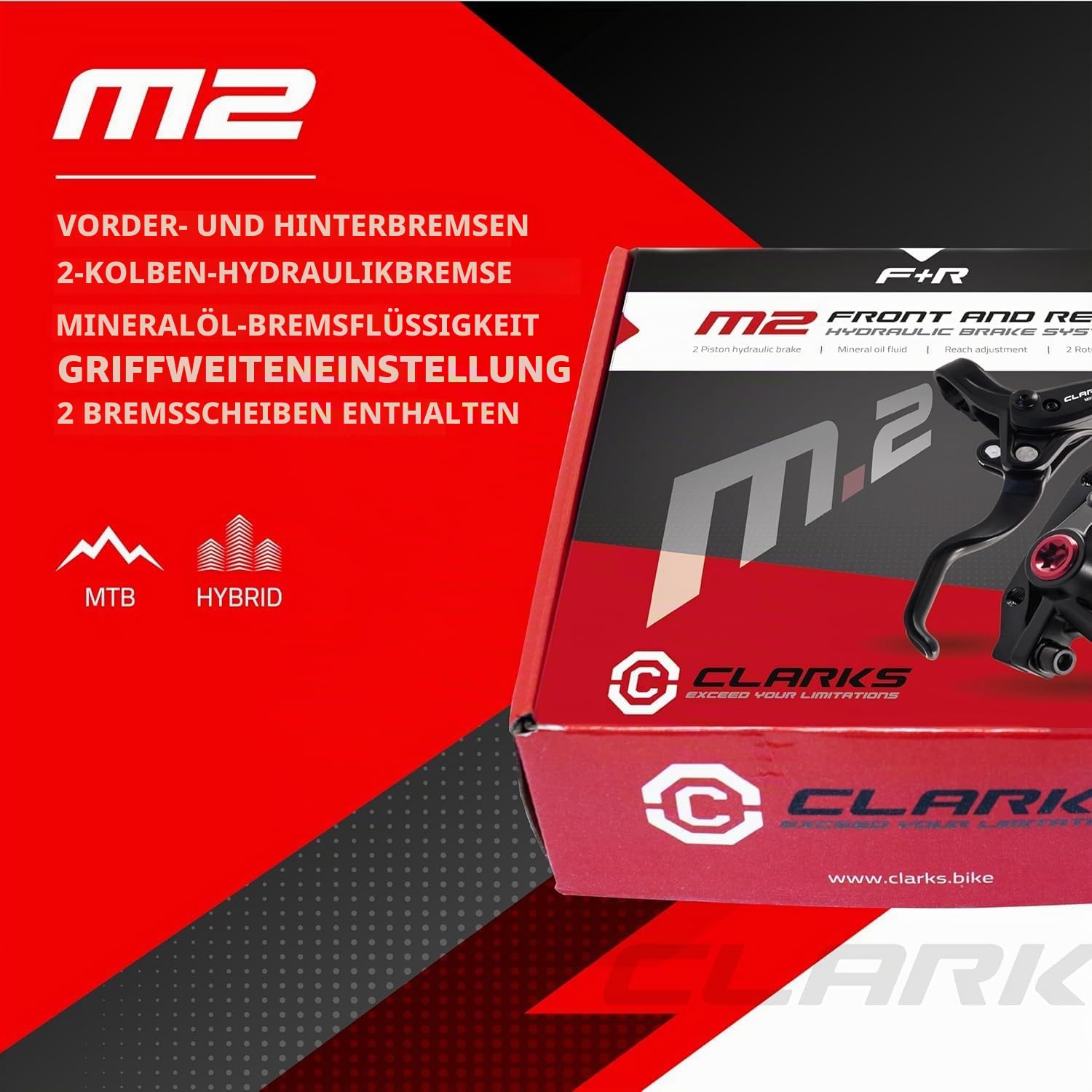 Clarks Cycle Systems M2 Hydraulisches Scheibenbremsen-Set, inkl. Rotoren, Oliven, is-Halterungen, Schwarz, 160/160 mm