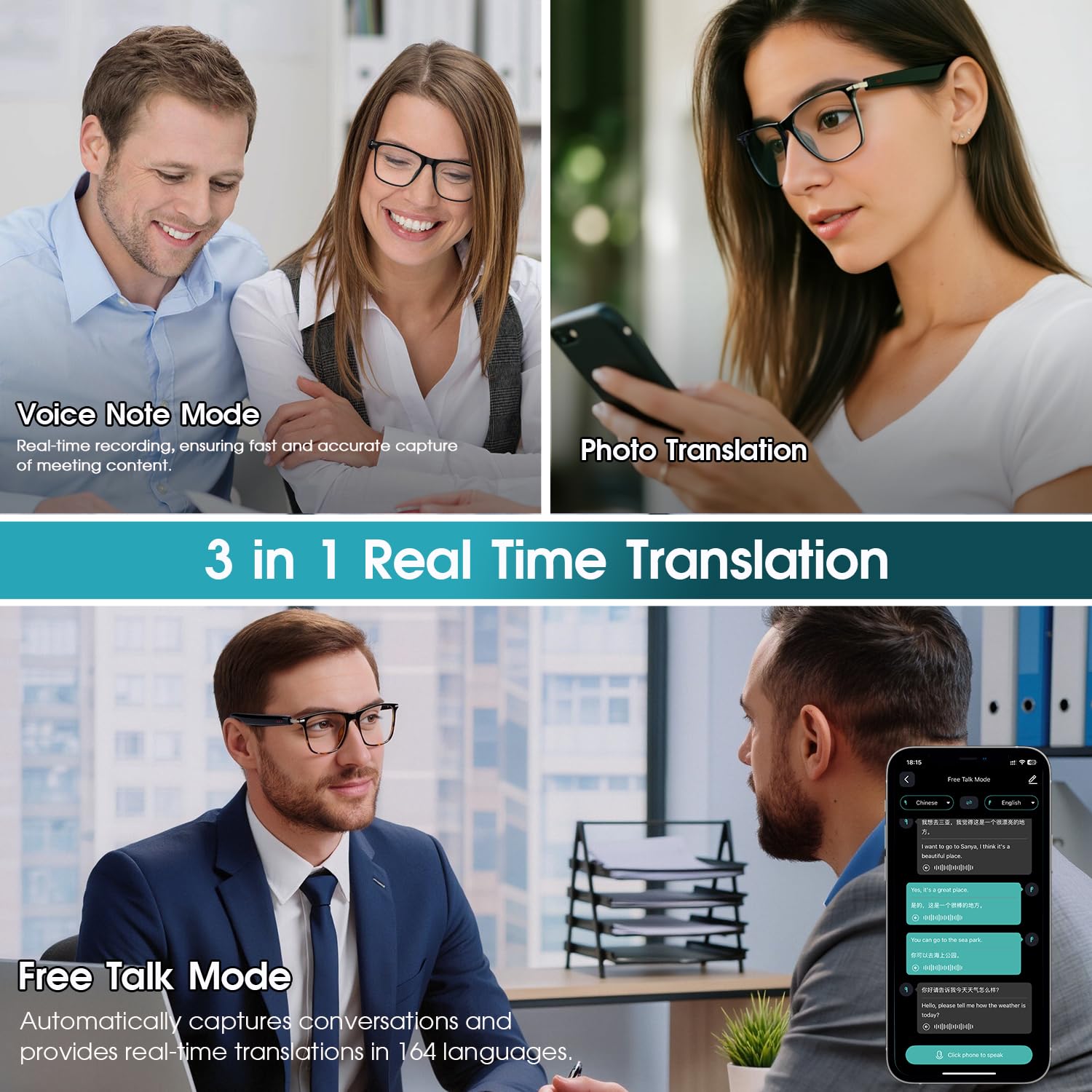 Occhiali intelligenti AI per uomini e donne, supporta oltre 160 lingue, traduzione in tempo reale tramite app, design audio open ear, lenti fotocromatiche, Bluetooth 6.0, occhiali da traduzione per