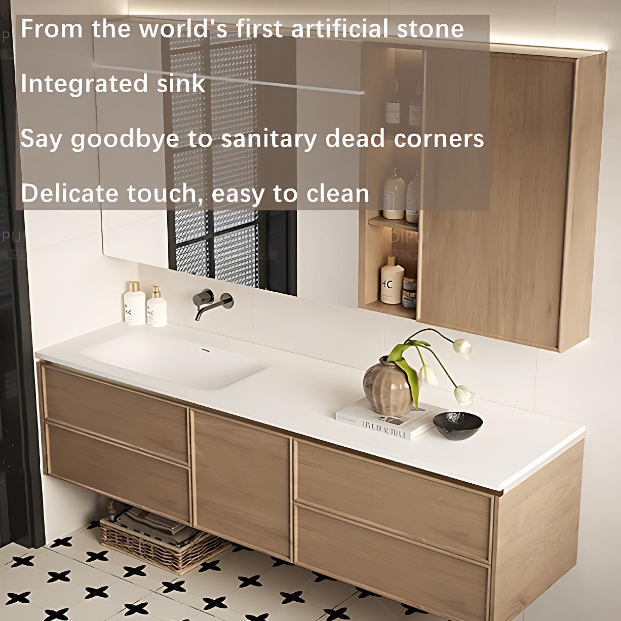 Floating Bathroom Vanity with Sink - Modern Bathroom Vanity - Includes LED Smart Defogging Medicine Cabinet & Drawer - Multi-Layer Solid Wood | Wall-Mounted