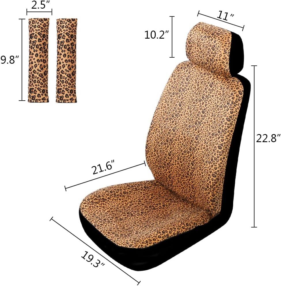 Copap Leopard Front Seat Covers with 2 Seat Belt Pads & 2 Headrest Covers Animal Print Seat Covers Universal Fit for Car Truck SUV & Van Leopard Pattern