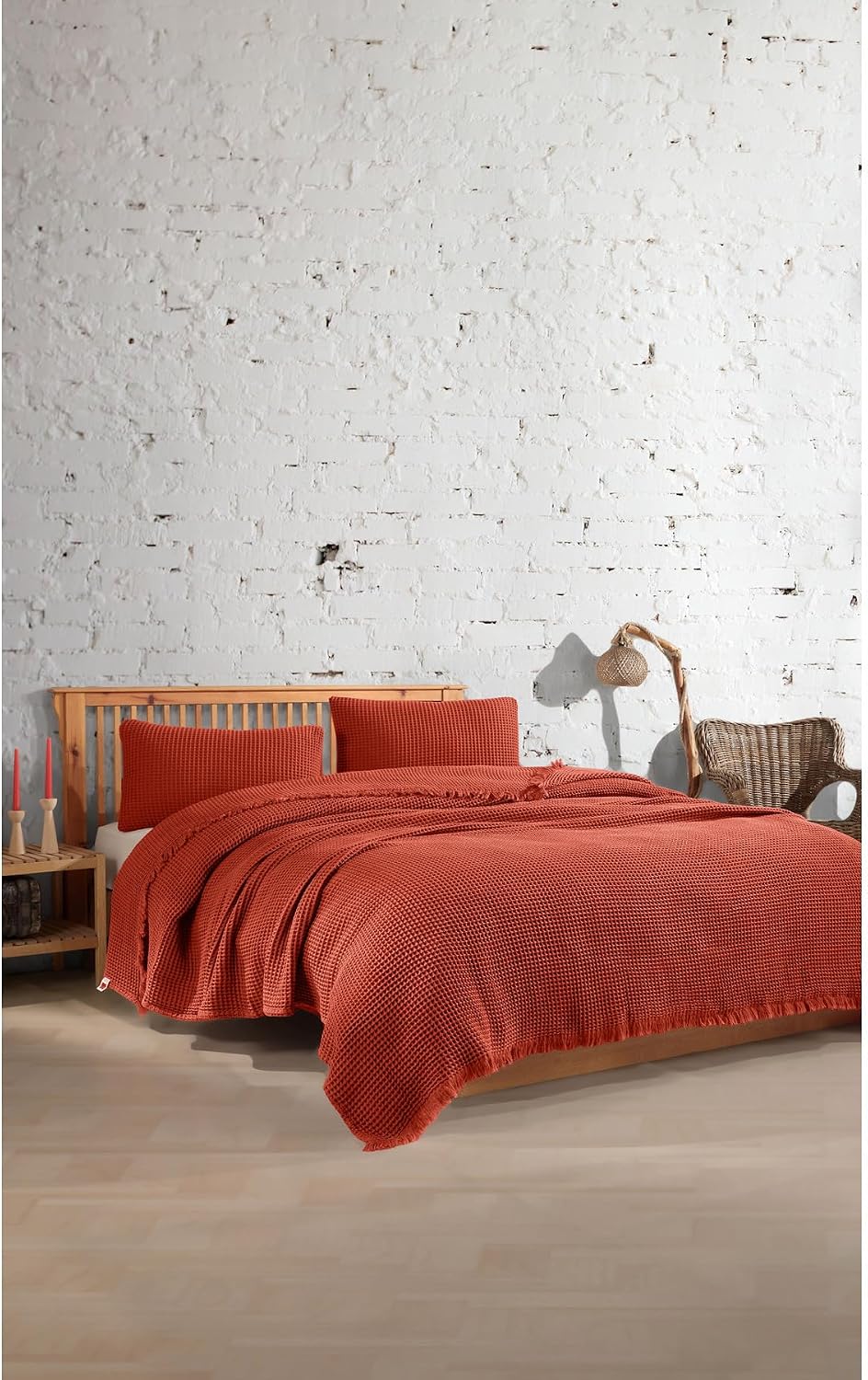 Waffle Weave Bedspread Queen Size 100% Cotton Textured Coverlet Breathable Lightweight Bedding Solid Color Bed Cover Dark Orange - Dark Orange, One Size