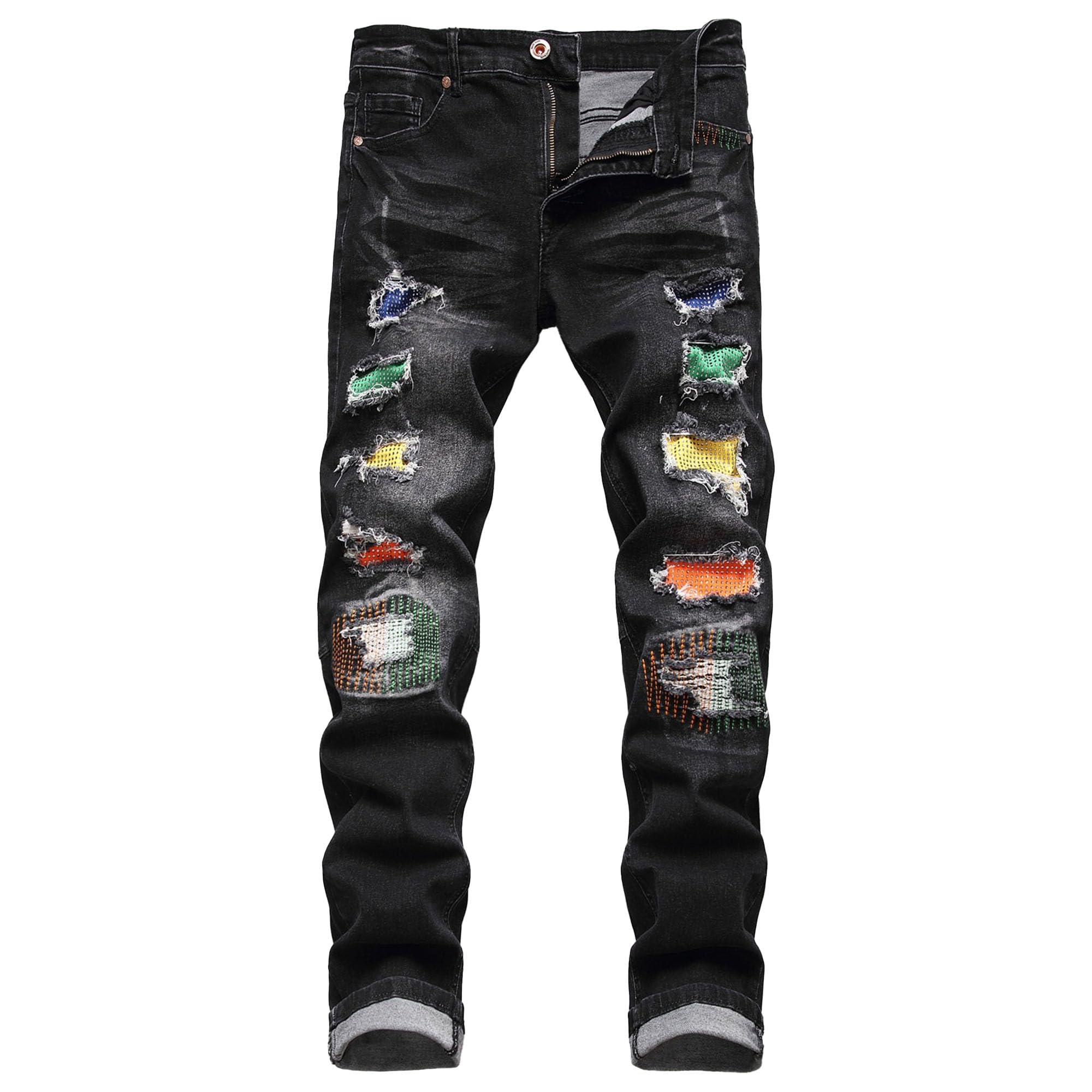 Qolkmuiy-GJ Men's Slim Fit Stretch Casual Jeans Ripped Skinny Straight Leg Jeggings Comfort Flex Waist Demin Pants (Black 4,30)
