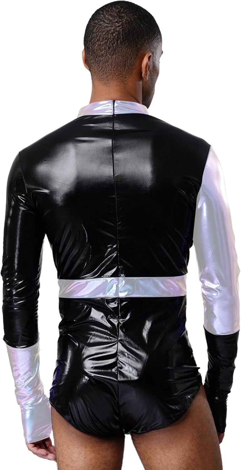 iiniim Mens Color Block Metallic Long Sleeve Bodysuit Leotard with Oversleeve Halloween Costume